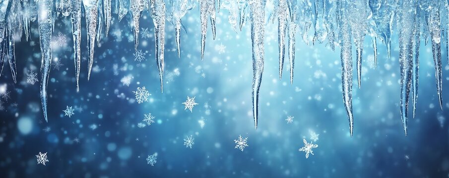 Rideau de glace et flocons dans la lumi&egrave;re hivernale.