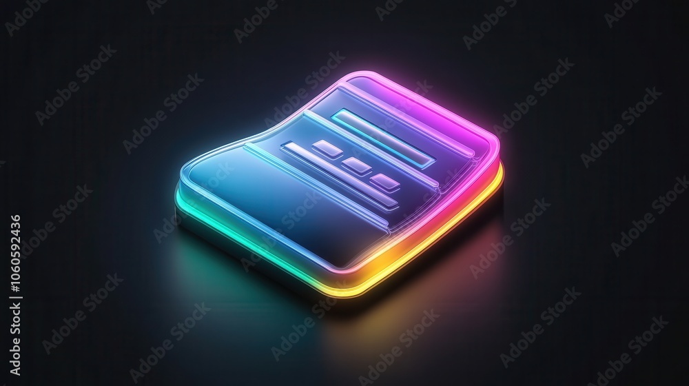 Poster a glowing, multicolored document icon on a dark background, symbolizing digital documentation or dat
