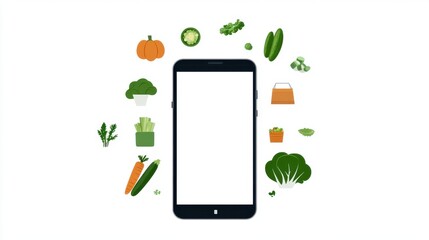 A smartphone is surrounded by various vegetables, symbolizing healthy eating and digital engagement with food.
