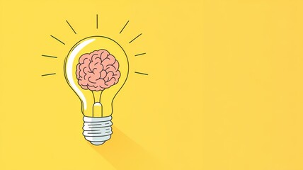 A creative light bulb featuring a brain, symbolizing innovative thinking and ideas against a bright yellow background.