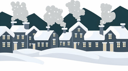 Fototapeta premium A snowy village scene with houses, snow, and smoke coming from chimneys.