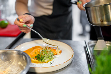 chef’s hands meticulously plating a gourmet dish, focusing on final sauce drizzle. elegant presentation highlights the culinary artistry and attention to detail, creating an appetizing visual appeal.