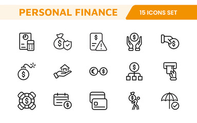 Personal Finance Icon Set. Sleek and intuitive icons for budgeting; saving; and investing; perfect for financial apps; tools; and websites to empower users in managing their money effectively.