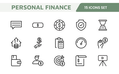 Personal Finance Icon Set. Sleek and intuitive icons for budgeting; saving; and investing; perfect for financial apps; tools; and websites to empower users in managing their money effectively.