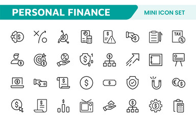 Personal Finance Icon Set. Sleek and intuitive icons for budgeting; saving; and investing; perfect for financial apps; tools; and websites to empower users in managing their money effectively.