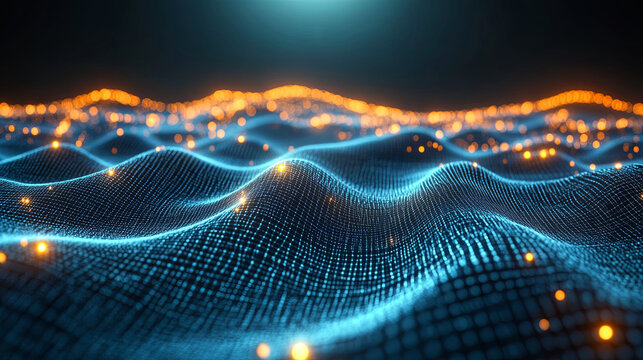 Glowing Waves of Light and Texture in a Dark Setting, Showcasing a Digital Ocean Effect With Luminous Particles and Flowing Forms