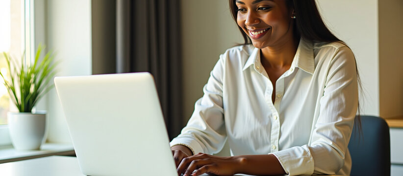 smiling woman works on a laptop a light-filled room - Powered by Adobe