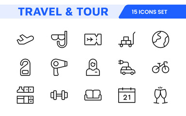 Travel Booking Icon Set. Stylish and user-friendly icons for enhancing travel apps, websites, and services, perfect for streamlining flight searches, hotel bookings, and adventure planning.