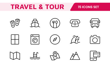 Travel Booking Icon Set. Stylish and user-friendly icons for enhancing travel apps, websites, and services, perfect for streamlining flight searches, hotel bookings, and adventure planning.