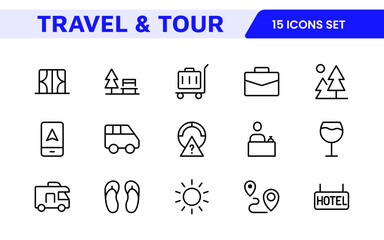 Travel Booking Icon Set. Stylish and user-friendly icons for enhancing travel apps, websites, and services, perfect for streamlining flight searches, hotel bookings, and adventure planning.
