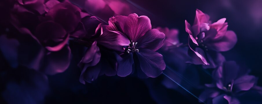 Fleurs violettes sur fond sombre en gros plan avec effet bokeh myst&eacute;rieux.