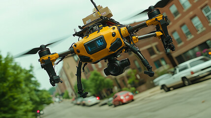 Drone Delivering Package Over Urban Street in a Busy Neighborhood During Daytime With Buildings and Parked Cars in View