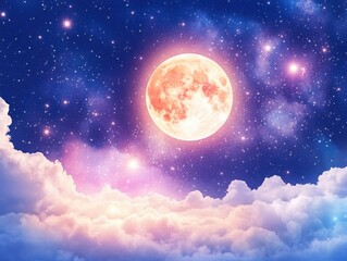 A captivating view of a luminous moon surrounded by colorful clouds and starry sky, evoking a sense of wonder and tranquility.