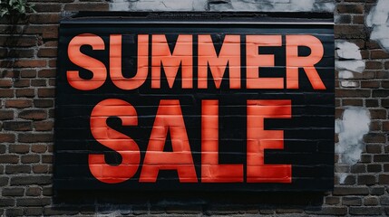 Fototapeta premium Bright summer sale sign on a brick wall advertising discounts during the summer season in an urban setting