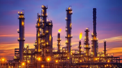 Fototapeta premium Industrial Infrastructure Illuminated at Dusk With Flaring Gas and Colorful Skies Near a Refinery