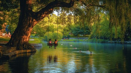 Obraz premium Kids Playing by a River with a Swing and Ducks Near a Willow Tree
