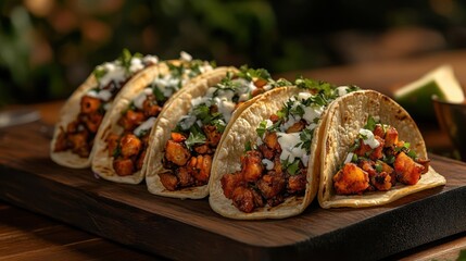 A platter of tacos with barbecued meat toppings served on a dark board.