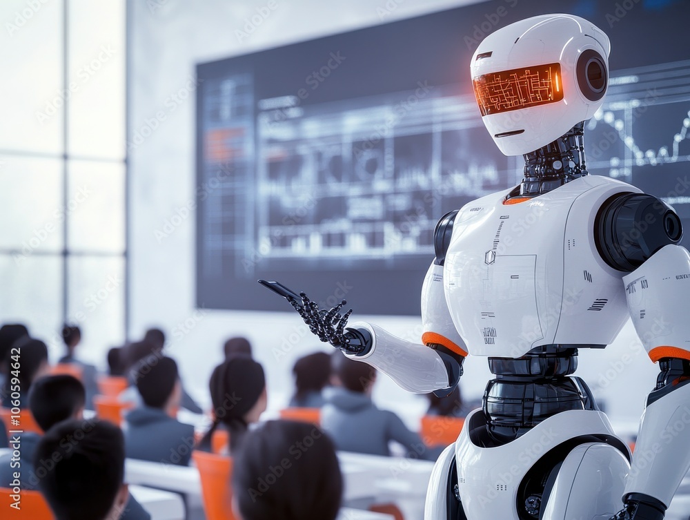 Aufkleber a futuristic robot presenting data in a modern classroom setting, engaging an audience with advanced