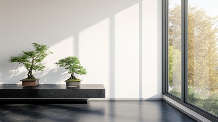 A bright, minimalist interior showcasing two bonsai plants on a sleek table by a large window, featuring natural light and greenery.