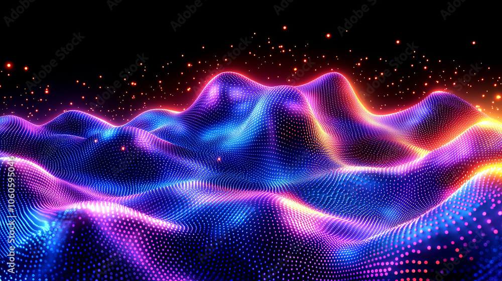 Fototapete colorful digital wave patterns illuminated in vibrant hues against a dark background, creating an ab