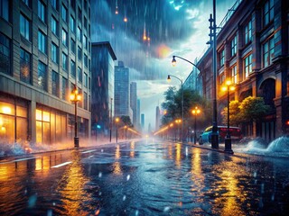 Obraz premium Intense rainfall causes severe flooding on city streets, showcasing a 3D illustration alongside a flood warning alert, emphasizing the urgency of the situation for residents.