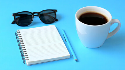 Morning Routine Setup With Coffee, Sunglasses, and Notepad on a Bright Blue Background in a Cozy Workspace