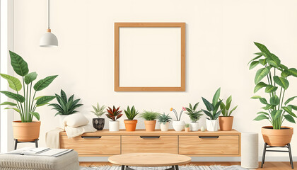 Fototapeta premium Stylish living room interior with brown mock up photo frame, beautiful plants in differents hipster and design pots on the green shelf. Modern and floral concept of home garden jungle. Template isol