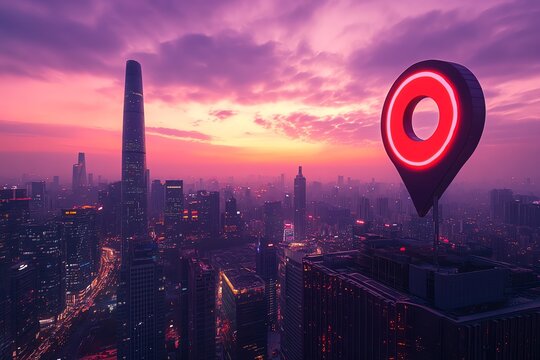 Vue futuriste d'une ville asiatique au coucher du soleil avec marqueur de localisation n&eacute;on g&eacute;ant.
