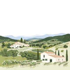 Fototapeta premium Scenic Tuscan countryside with vineyards, rolling hills, and charming farmhouses.