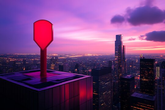 Point de vue du sommet d'un gratte-ciel avec balise rouge lumineuse au cr&eacute;puscule violet.