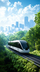 Naklejka premium Innovative train transport pioneering the future of net zero carbon technologies in urban landscapes