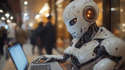 Fototapeta premium adorable humanoid robot skillfully typing on a laptop showcasing advanced technology with a touch of personality in a modern workspace filled with gadgets and creativity