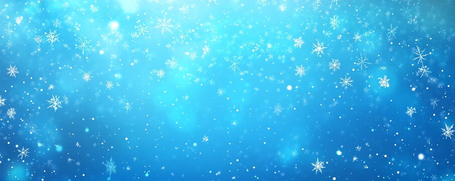 Fond d'hiver magique avec flocons de neige scintillants sur ciel bleu.