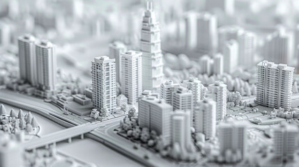 Detailed view of 3D printed architectural model showcasing cityscape with buildings, roads, and greenery, evoking sense of modern urban design and innovation