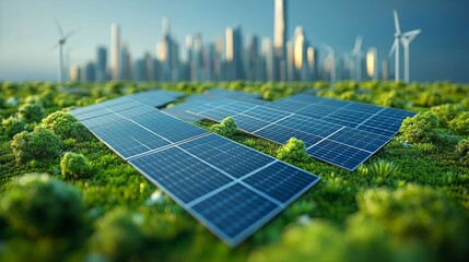 Fototapeta premium Futuristic Cityscape Powered by Green Technology Featuring Solar Panels, Wind Turbines, and Electric Vehicle Charging Stations, Representing Sustainable Urban Development and Clean Energy Solutions