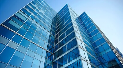 Obraz premium Modern Glass Office Building Under Clear Blue Sky