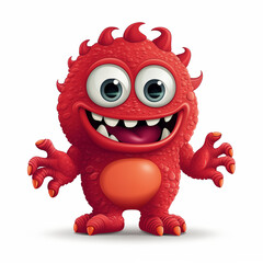 Fototapeta premium A cheerful red cartoon monster with large eyes and spiky hair stands in a fun pose