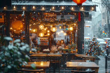A charming cafe adorned with warm lights, holiday decorations, and snowfall, creating a cozy winter ambiance on a snowy street.