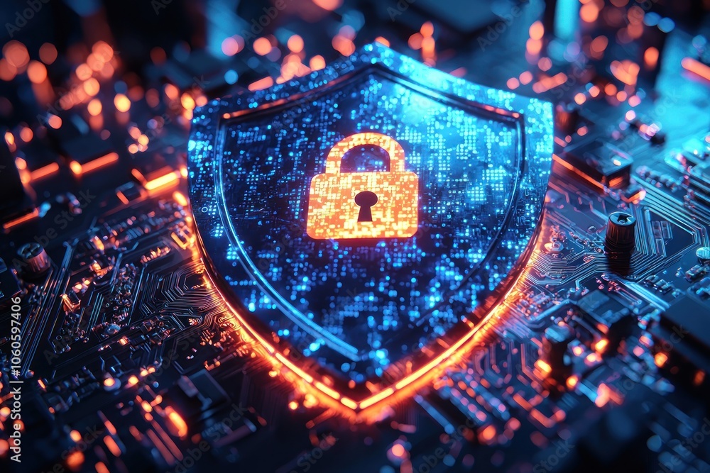 Poster Glowing Shield with Lock on Circuit Board