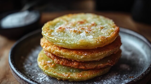 Stack of zucchini fried patries topped with melted cheese and garnish