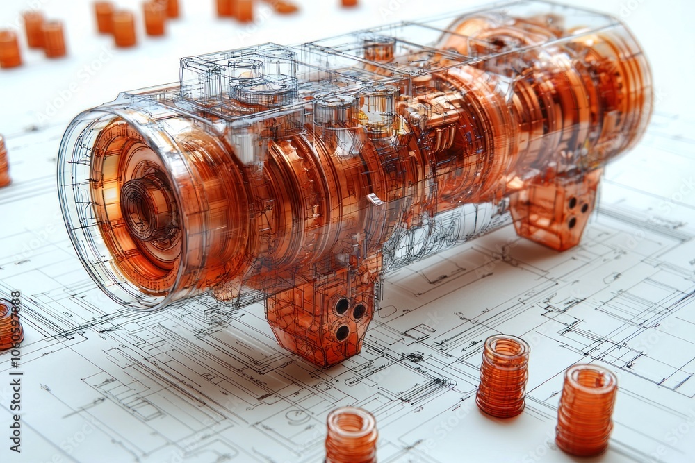 Poster Transparent 3D Model of a Machine Part on a Blueprint