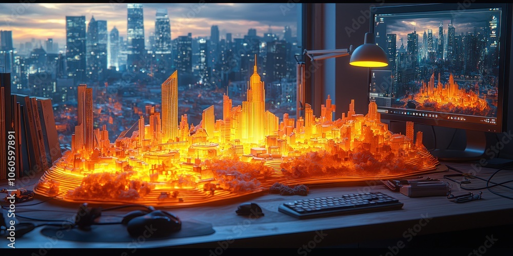 Aufkleber Illuminated Model of a Cityscape on a Desk with a Computer Monitor