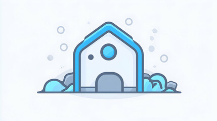Simple blue line art illustration of a house with a gray door.