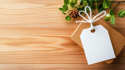 A blank gift tag rests on a brown box adorned with green leaves, perfect for crafting or seasonal decoration.