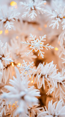 shiny silver snowflake ornament on a white tree branch