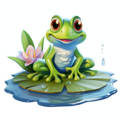 Fototapeta premium A cheerful cartoon frog sitting on a lily pad in a tranquil pond with vibrant flowers nearby