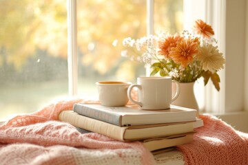book club table setup with a stack of books, mugs of tea, and cozy blankets, set against a window with autumn leaves outside