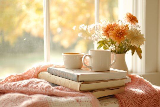book club table setup with a stack of books, mugs of tea, and cozy blankets, set against a window with autumn leaves outside