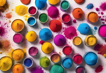 Colorful powder explosion with vibrant pink, blue, and yellow hues on a white background.