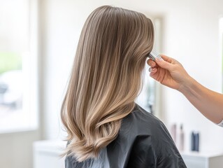 Fototapeta premium A stylist gently curls beautiful long hair in a modern salon, showcasing stunning hair color and texture in a stylish setting.